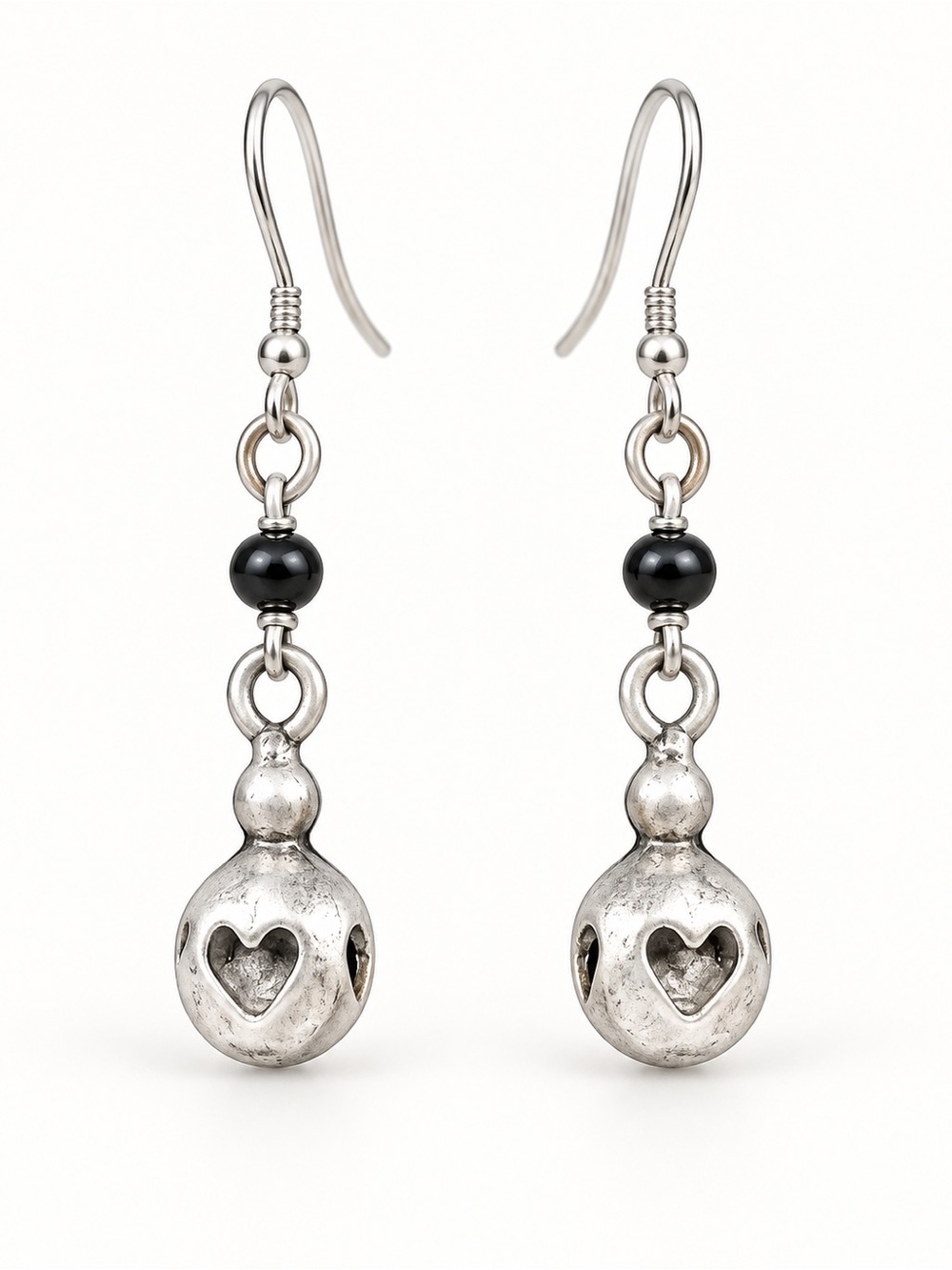 Heart Charm Dangle Earrings in Silver with Black Bead